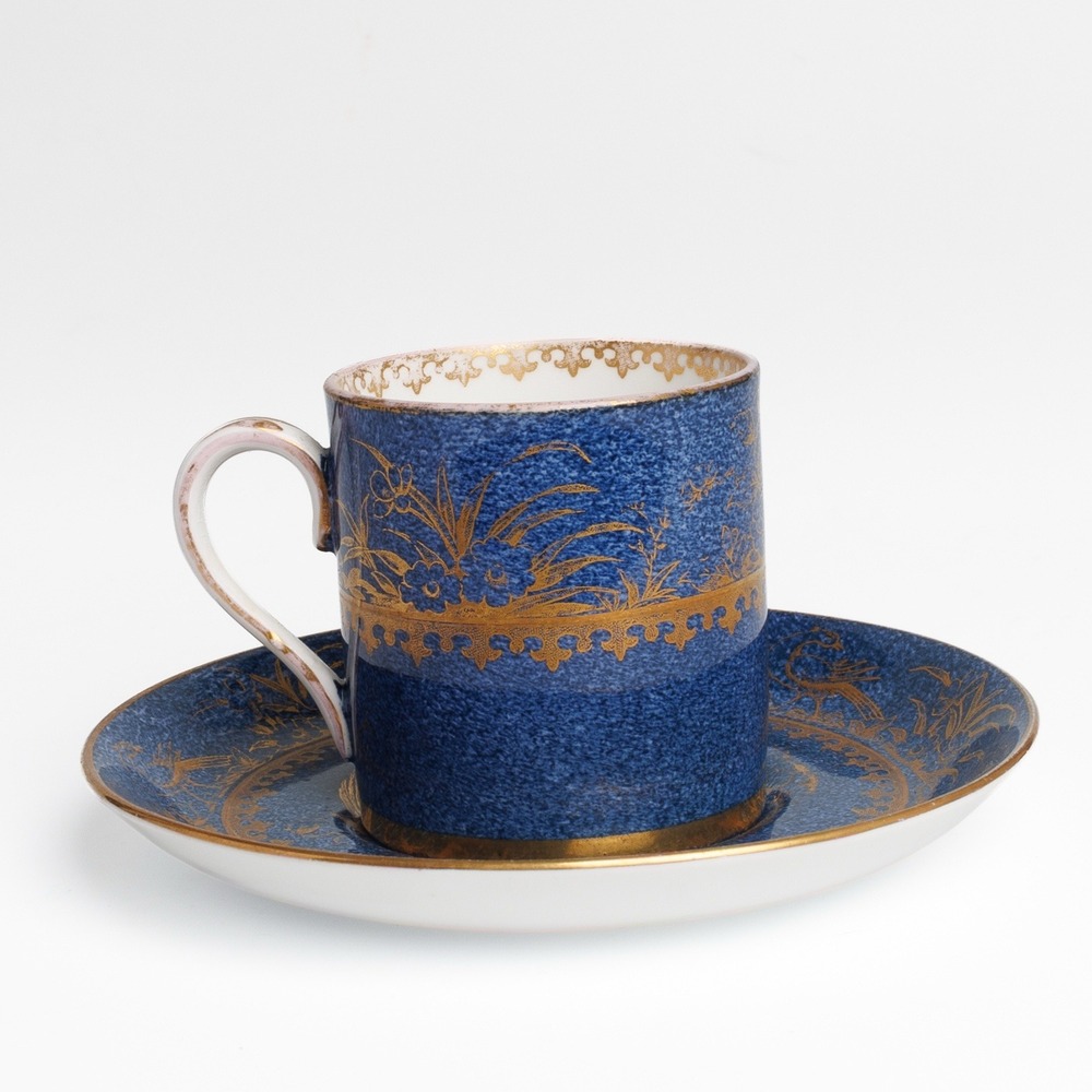 Antique Crown Staffordshire Blue And Gold Bird Pattern Cup And Saucer England